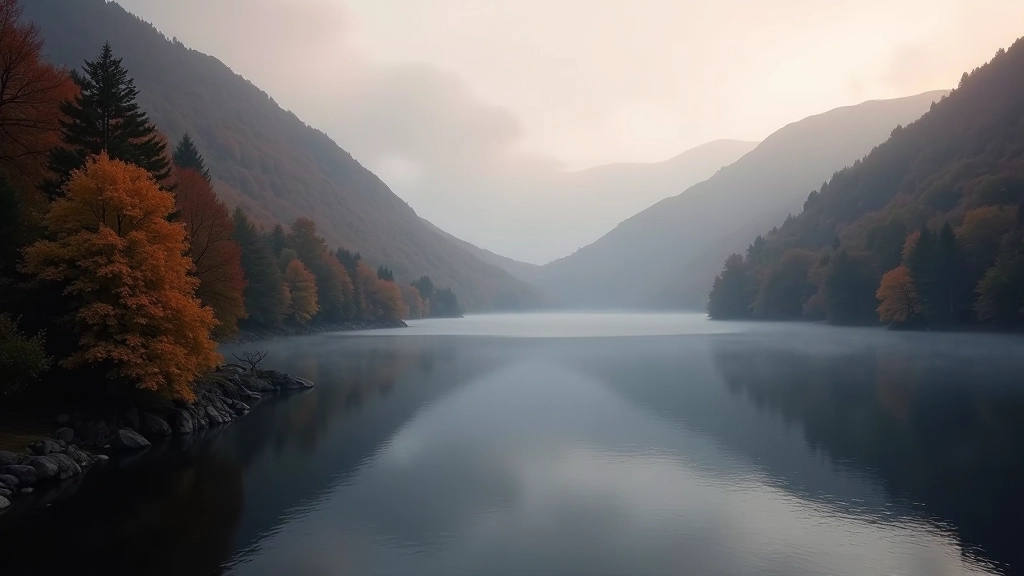 Morning mist rising from Glendalough lake with autumn foliage and misty forest backdrop