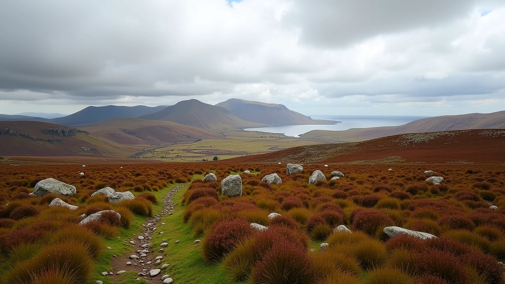 Connemara mountains and coastal landscape with boggy terrain and stone walls in County Galway