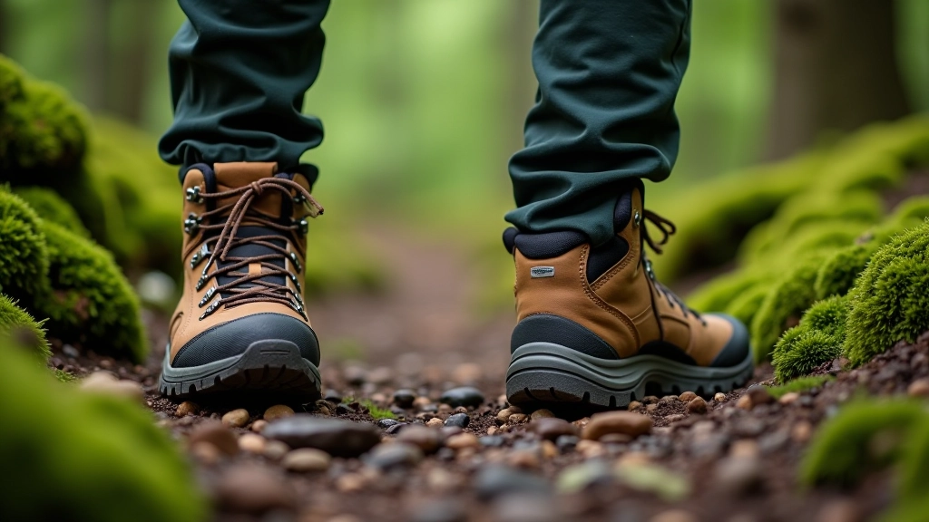 Close-up of hiking boots on a forest trail with moss-covered stones and natural path surface at Glendalough