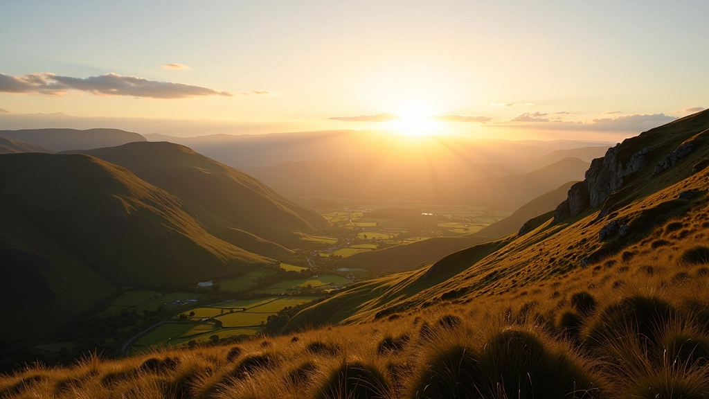 Panoramic view of Irish mountains and valley hiking landscape with scenic trails