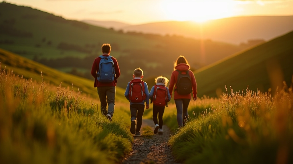 Family enjoying a hiking adventure on Irish countryside trail