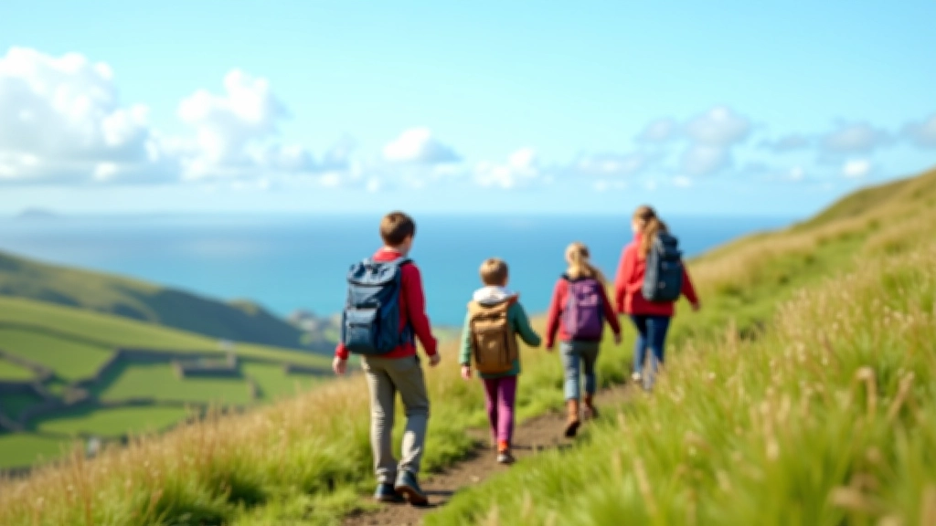 Family group hiking on green mountain slope with blue sky and distant ocean view
