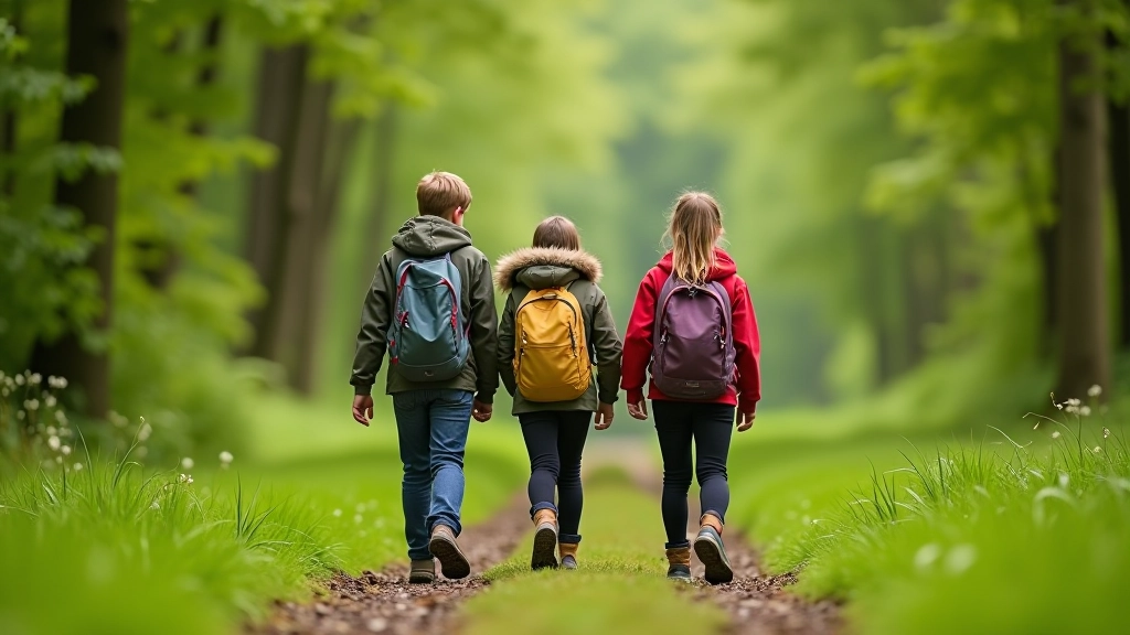 Family walking on forest trail near Glendalough with children enjoying the woodland path surrounded by green trees