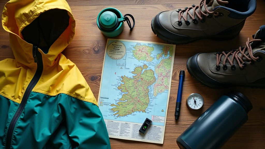 Hiking boots and waterproof gear laid out on wooden surface with map and compass