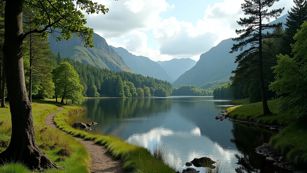 Scenic lake and forest landscape in Killarney National Park with walking trail and mountain backdrop
