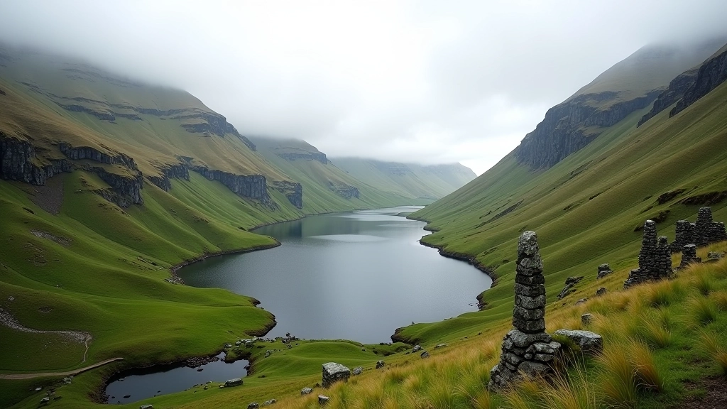 Glendalough valley with lakes surrounded by steep cliffs and ancient monastic ruins Ireland
