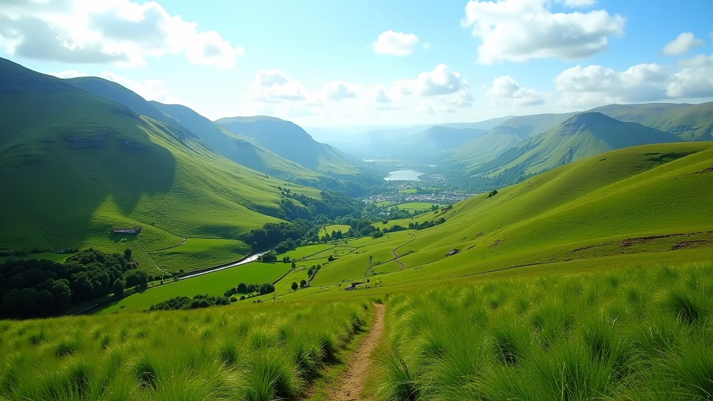 Green rolling hills and mountain valley landscape in County Kerry Ireland with hiking trail
