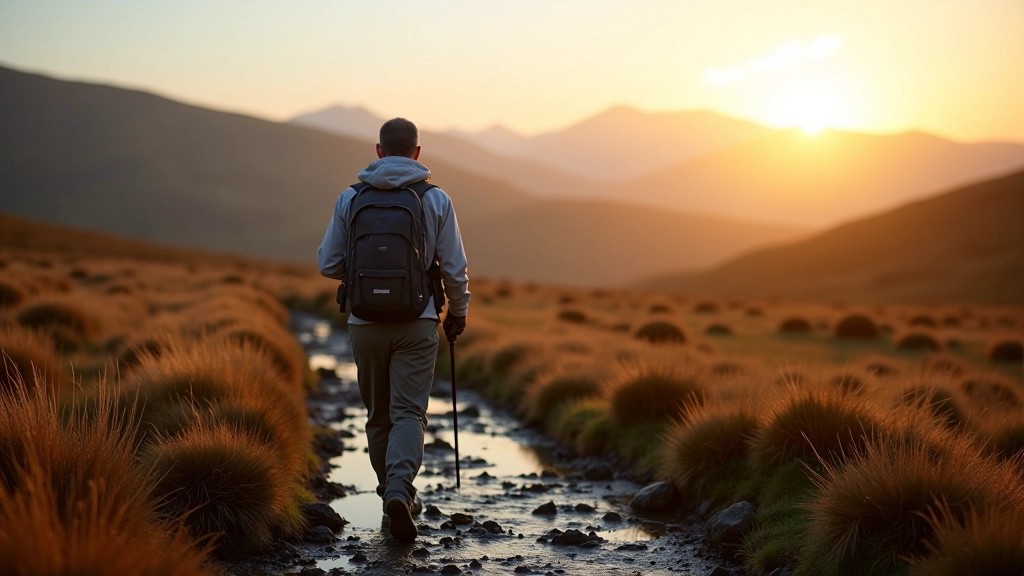 Hiker walking on boggy moorland trail with mountain views in the distance