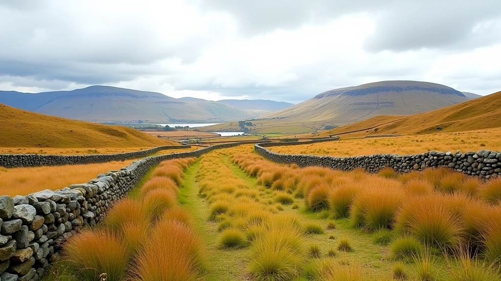 Stone walls dividing boggy fields with distant mountain range under cloudy Irish sky