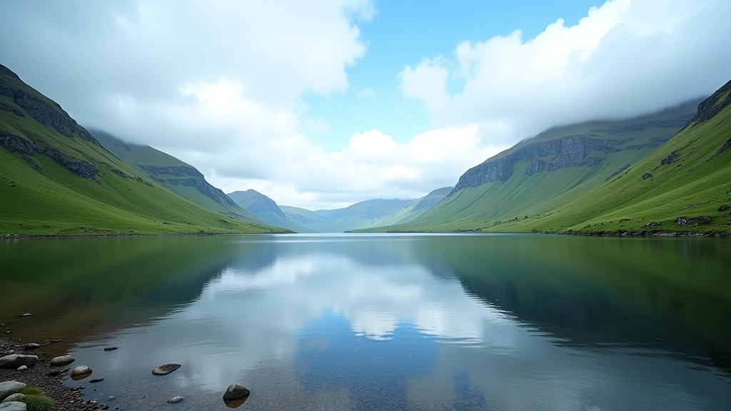 Mountain lake reservoir surrounded by steep green slopes under partly cloudy sky