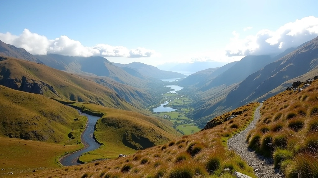 Mountain valley landscape at Moll's Gap with hiking trail and panoramic views across Kerry hills