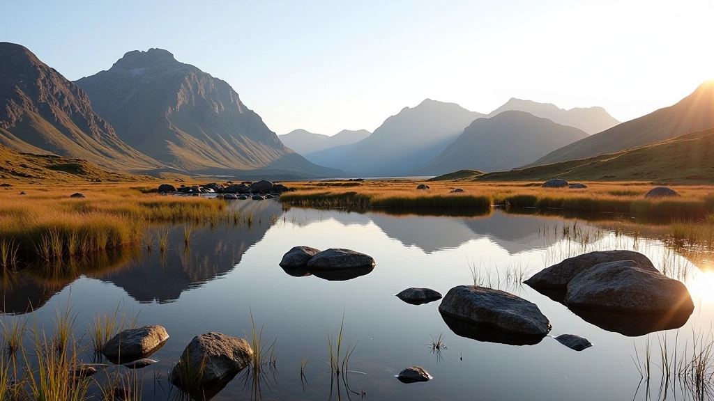 Mountain lake surrounded by Connemara peaks with hiking trail winding through moorland