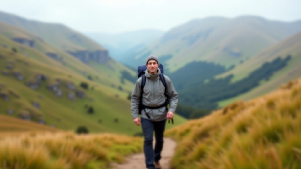 Hiker walking on a well-marked trail through lush green Irish countryside with mountains visible in distance