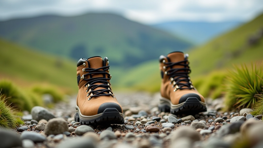 Close-up of hiking boots on rocky mountain trail with green valley landscape below