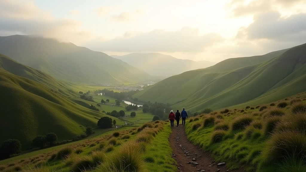 Beautiful Irish mountain landscape with green hills and hiking trails
