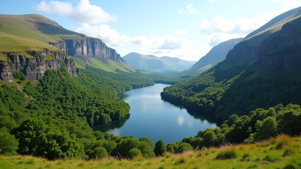 Aerial view of Glendalough valley showing two lakes surrounded by steep cliffs with walking trails marked through the forest