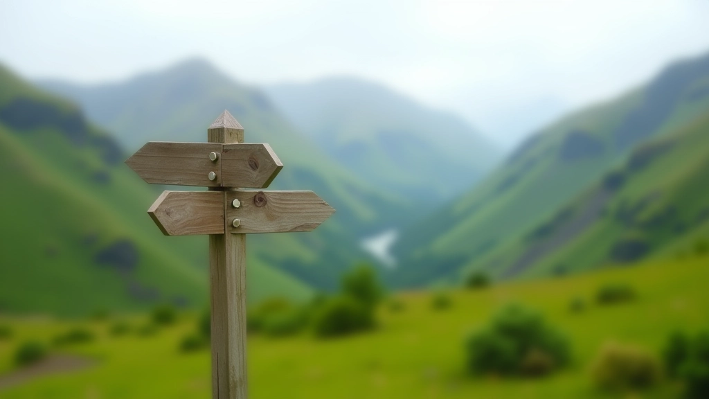 Signpost marking hiking trail with green mountains and valley landscape in background